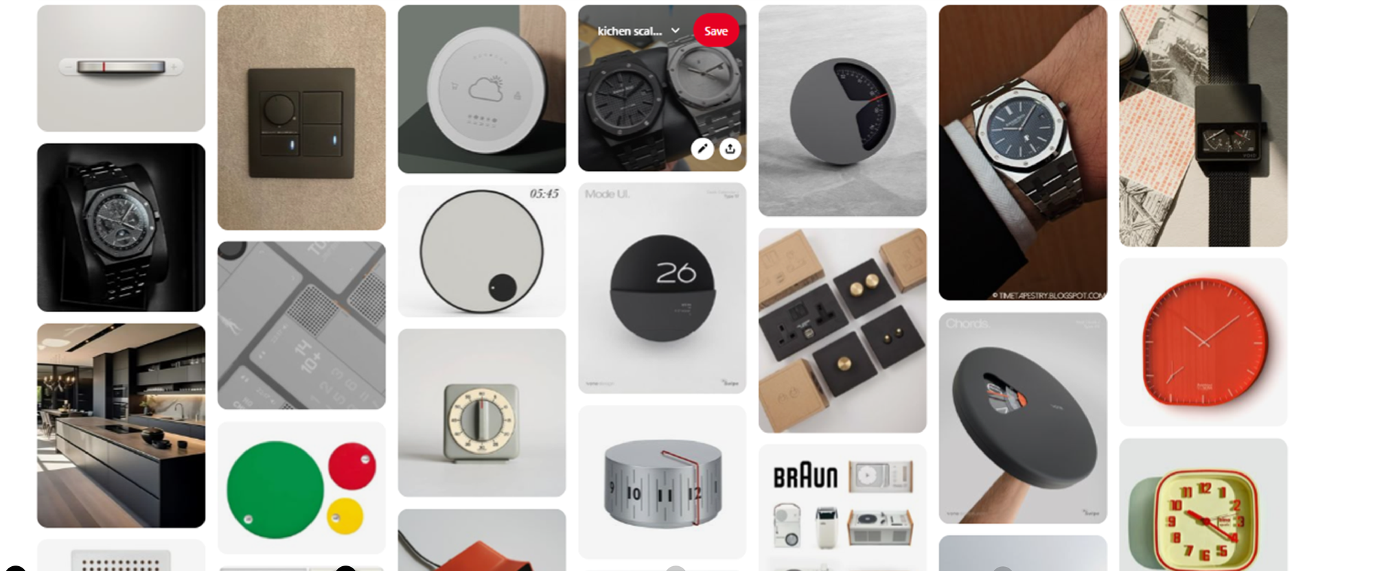 Mood board of reference products - clocks, watches, wall switches, scales and Braun appliances in muted tones