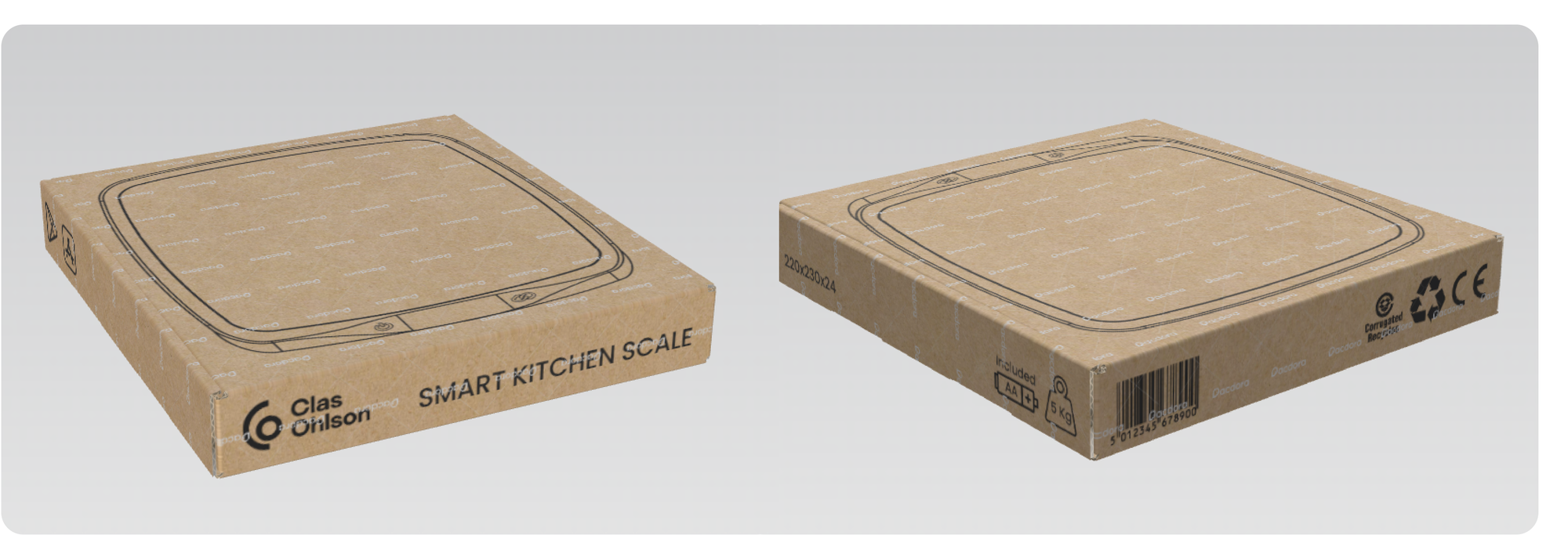 Two views of the minimal kraft cardboard packaging, printed Clas Ohlson Smart Kitchen Scale with recycling marks