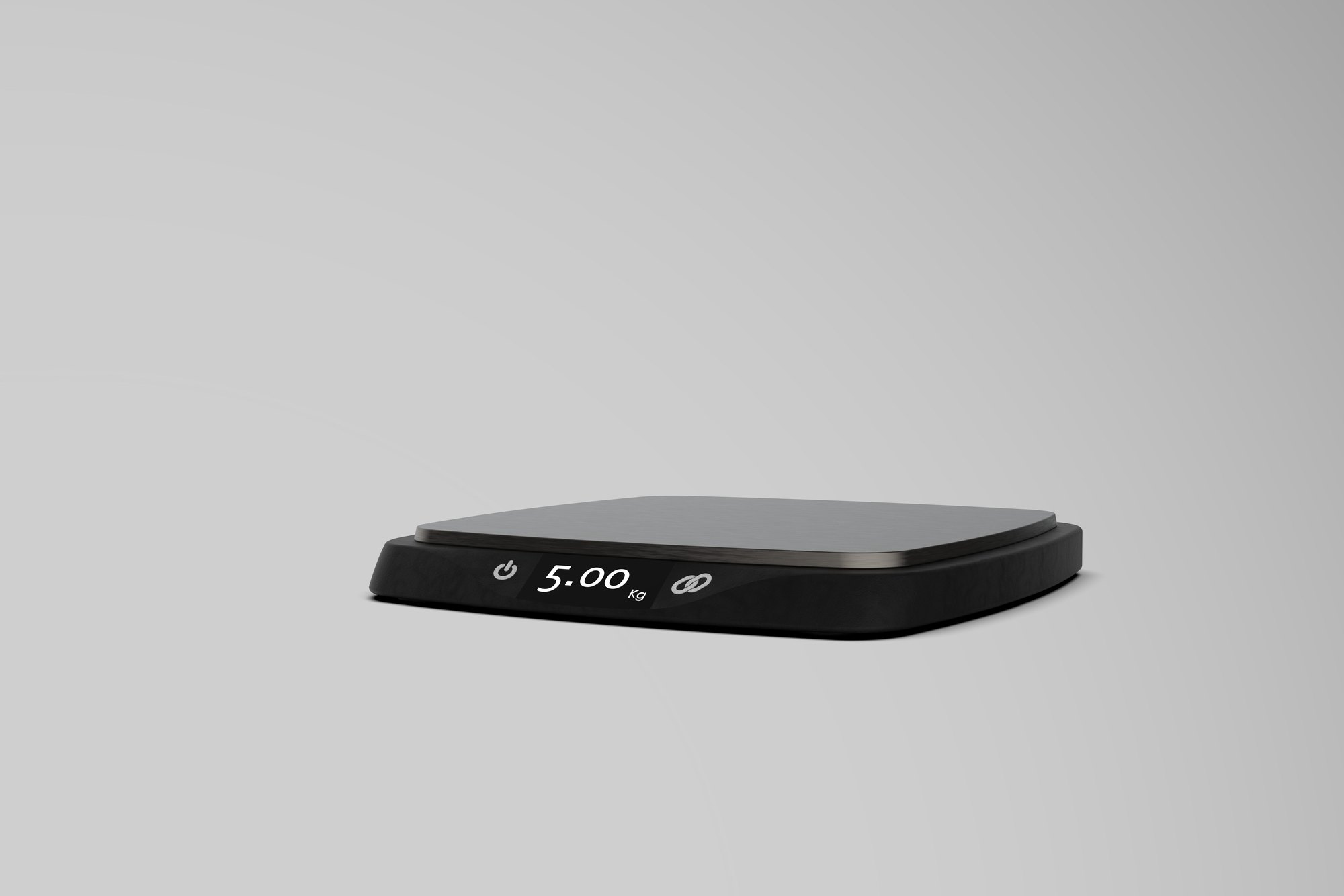 Pluto kitchen scale - black body with a brushed stainless top and a 5.00 kg digital display, on a neutral grey background