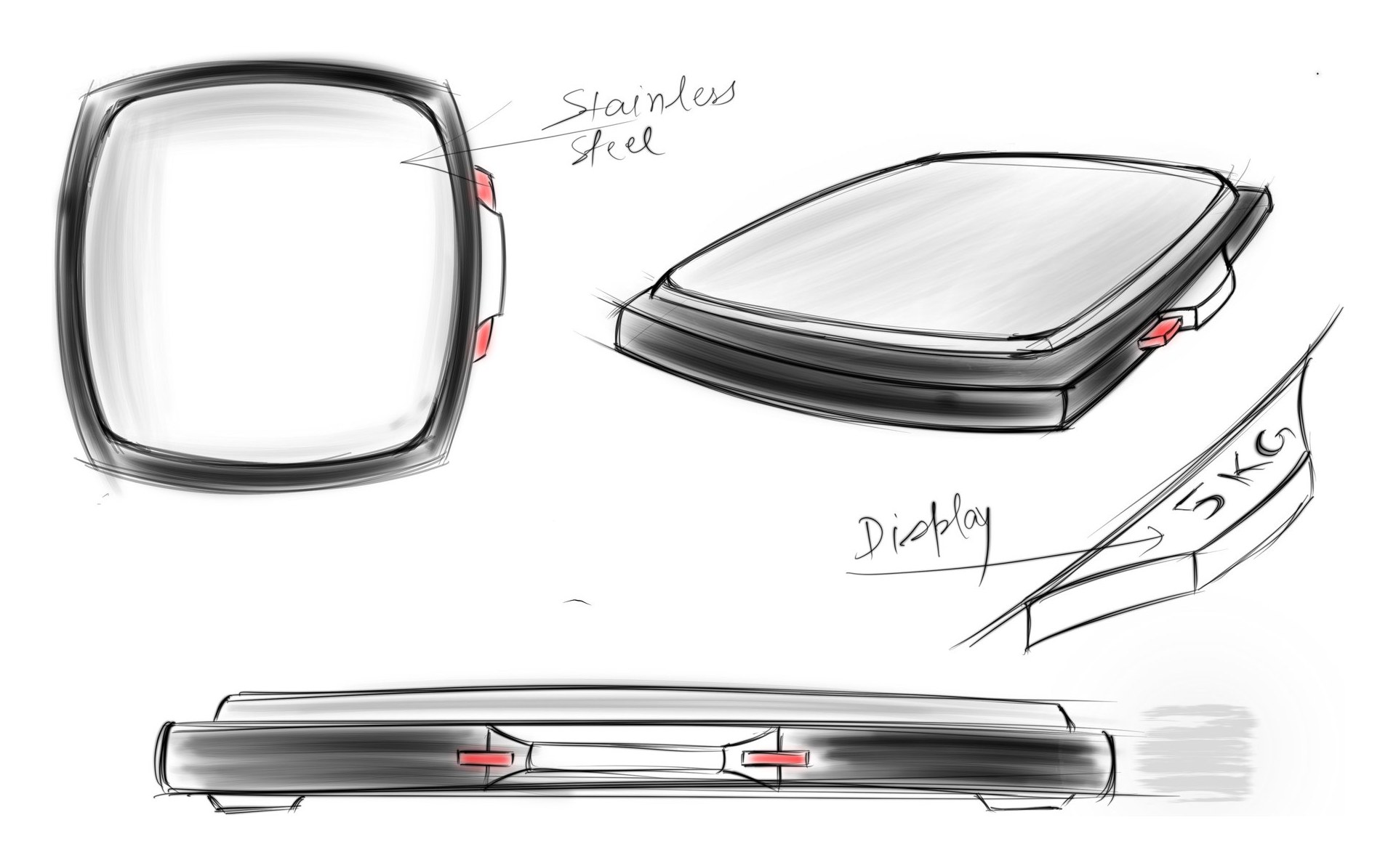 Concept sketch of the scale - stainless steel top, rounded-square body and an angled front display reading 5 KG