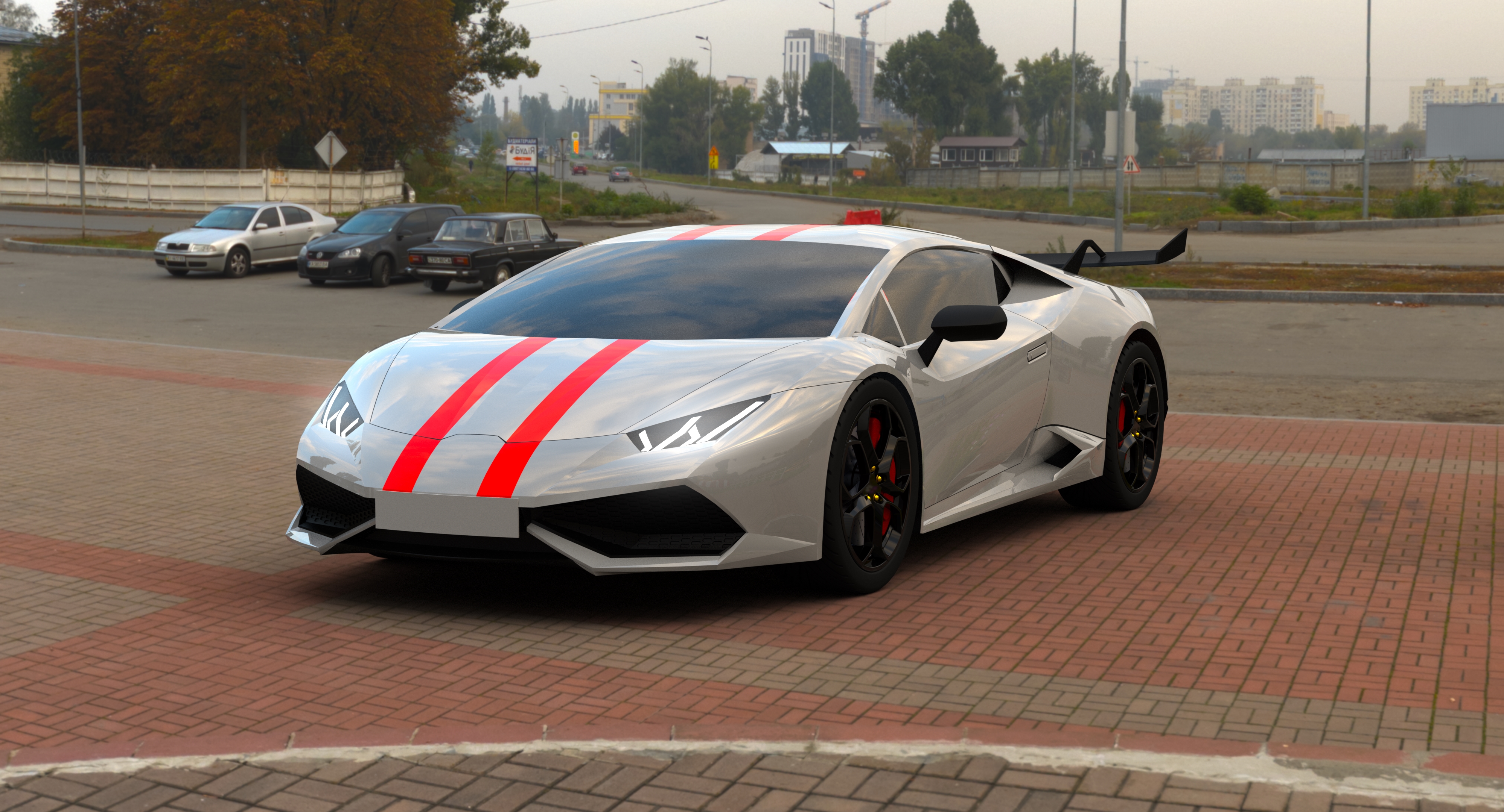Silver Huracán with red stripes rendered on a city plaza, front three-quarter view