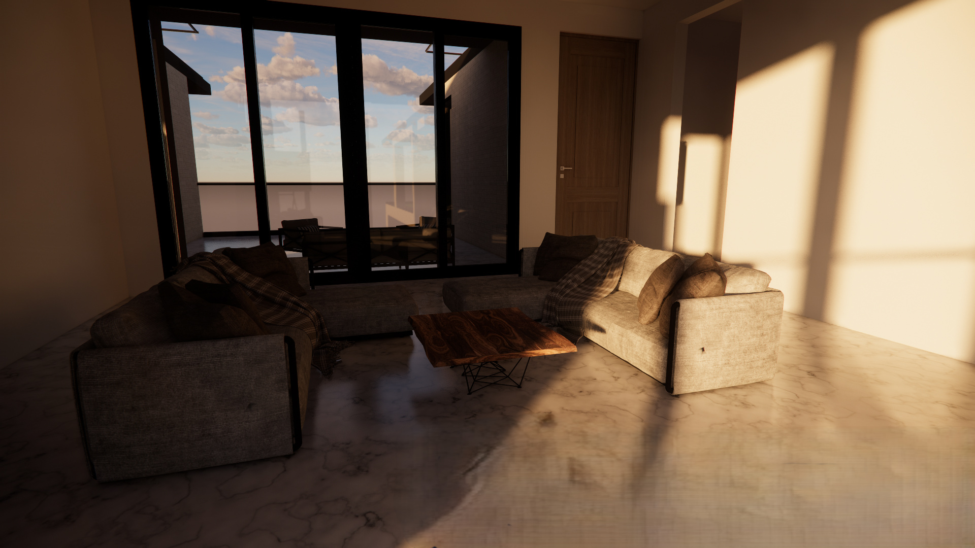 Imaginary House - dusk living room with paired sofas facing a glazed wall