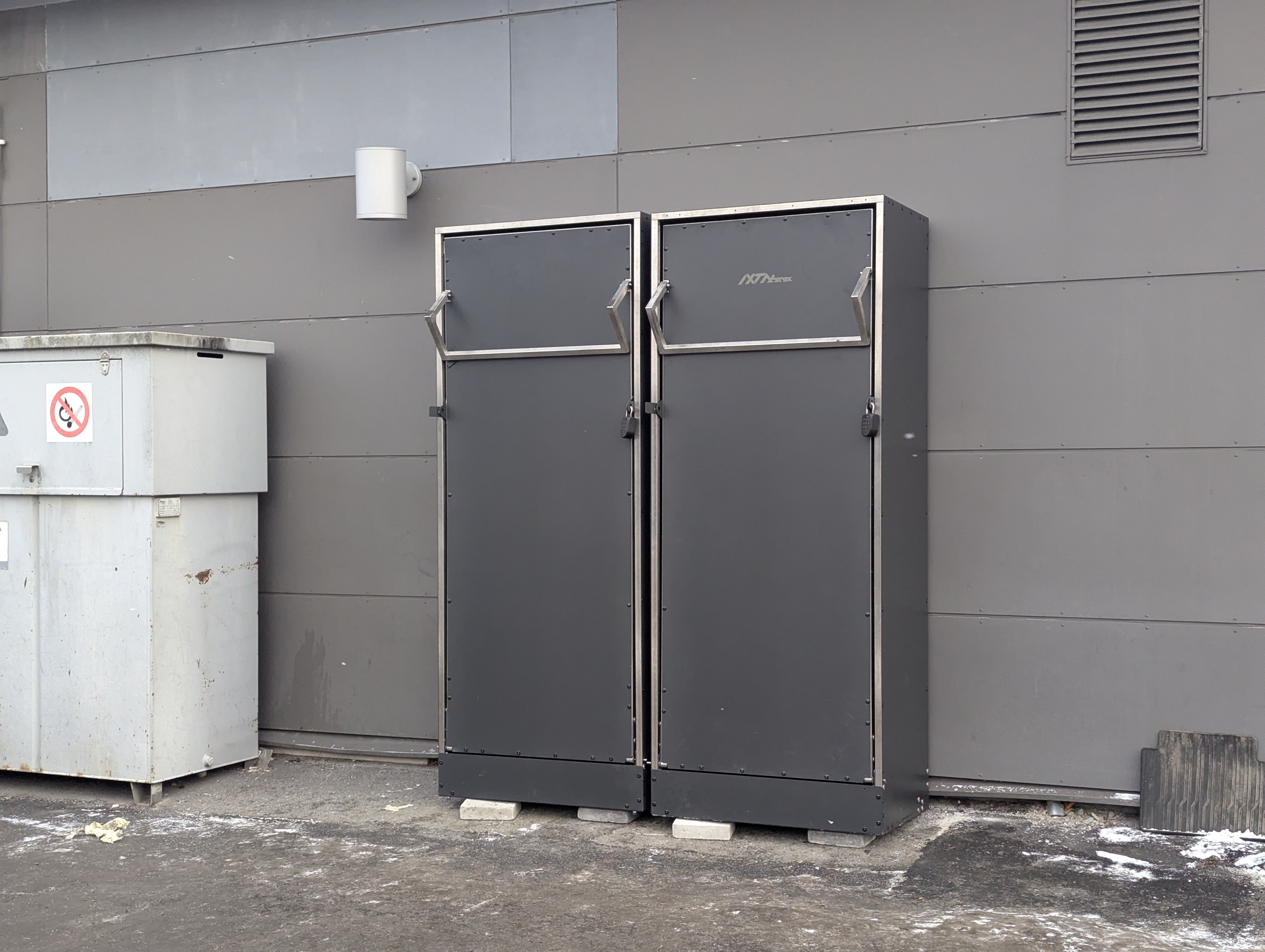 The production wardrobe stand installed on site, both doors closed and locked