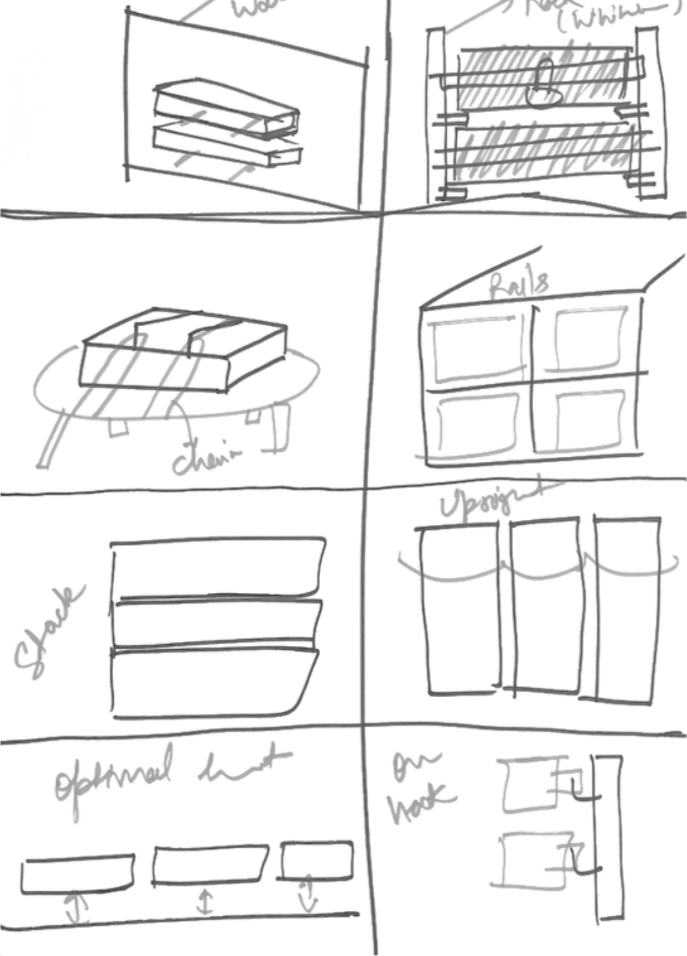 Crazy 8 hand sketches exploring rack, shelf, chair and lifting-mechanism ideas