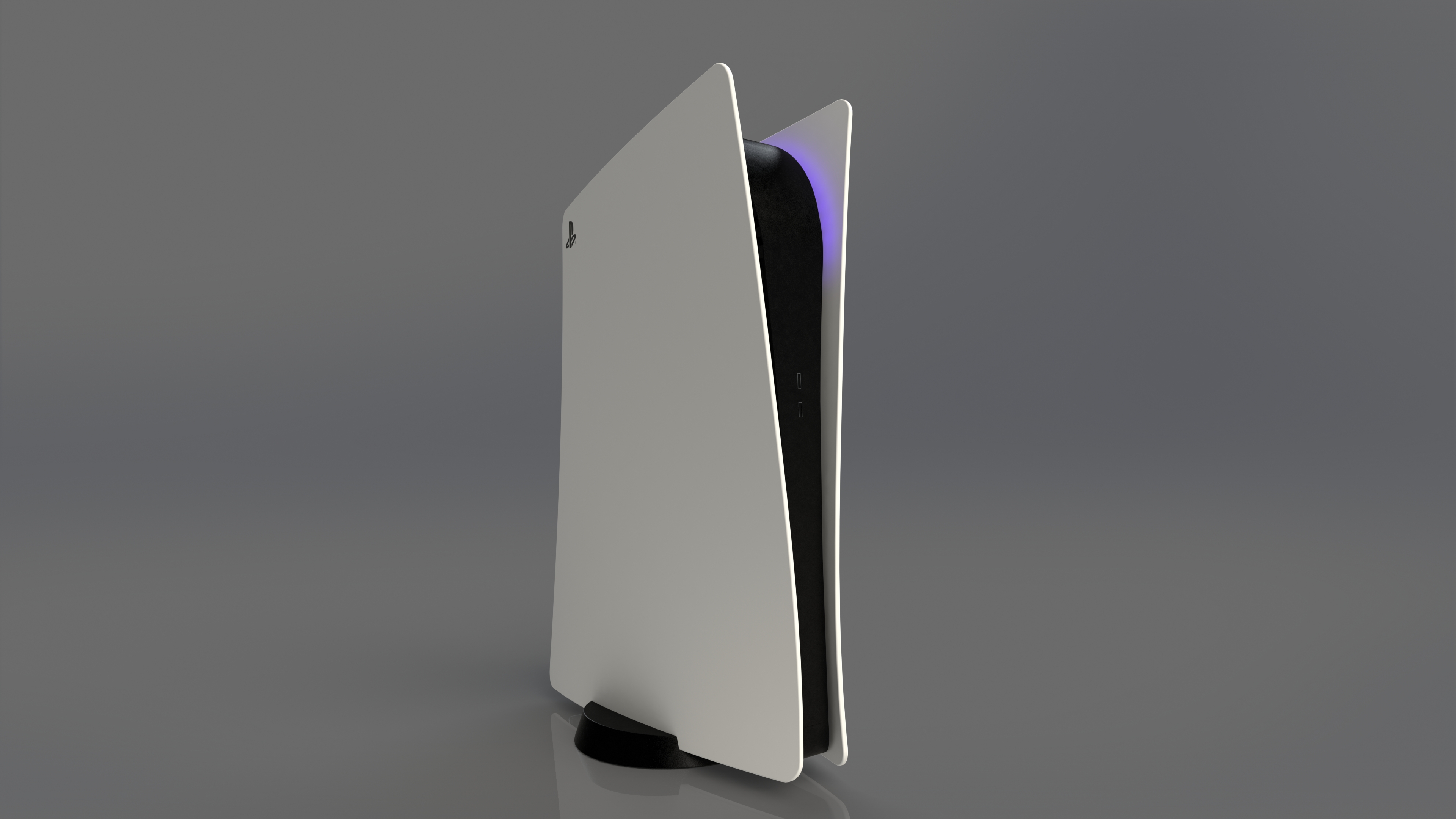 Render of a white PlayStation 5 console standing vertically