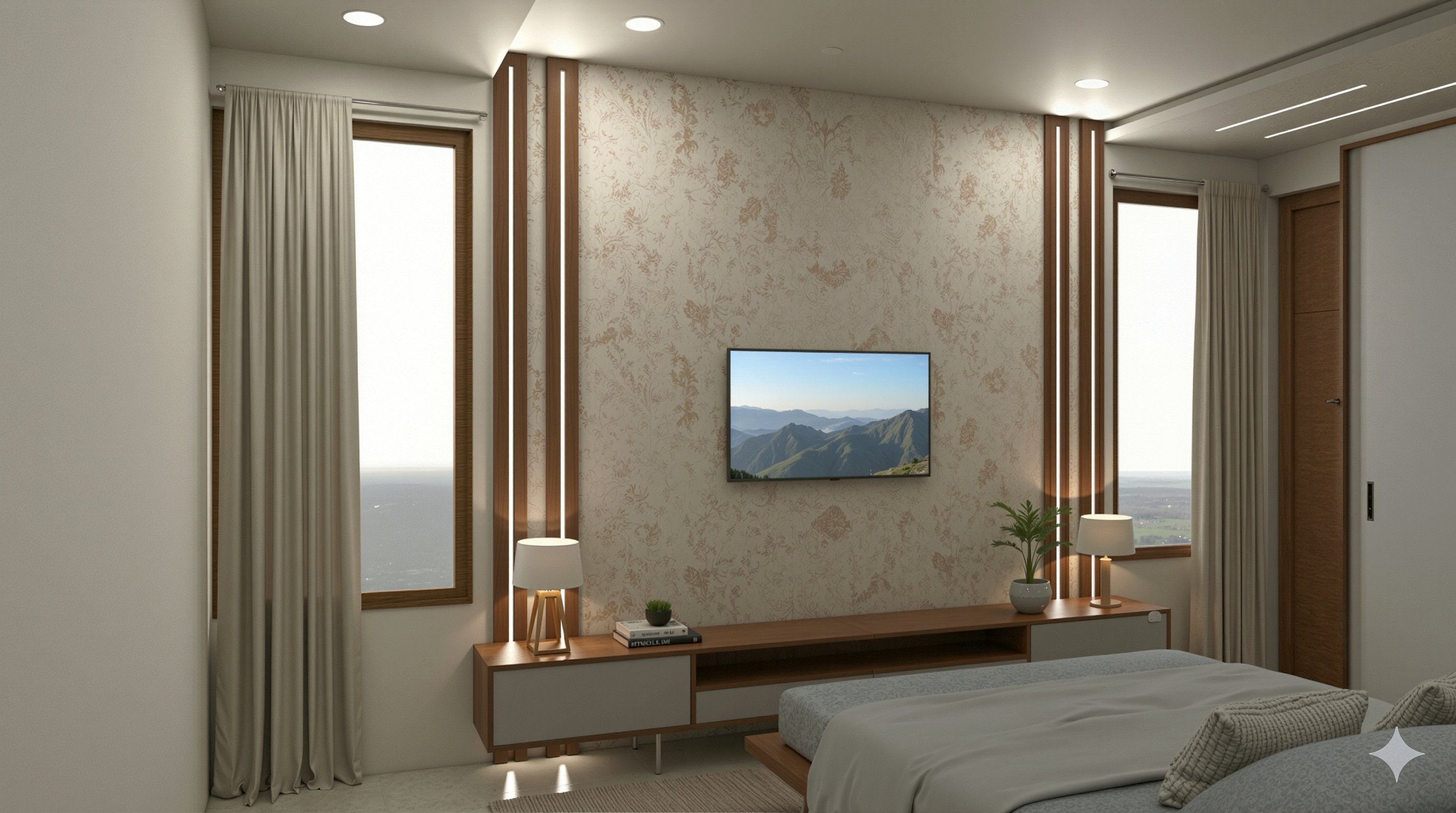 Bedroom render - textured feature wall, floating console and warm cove lighting