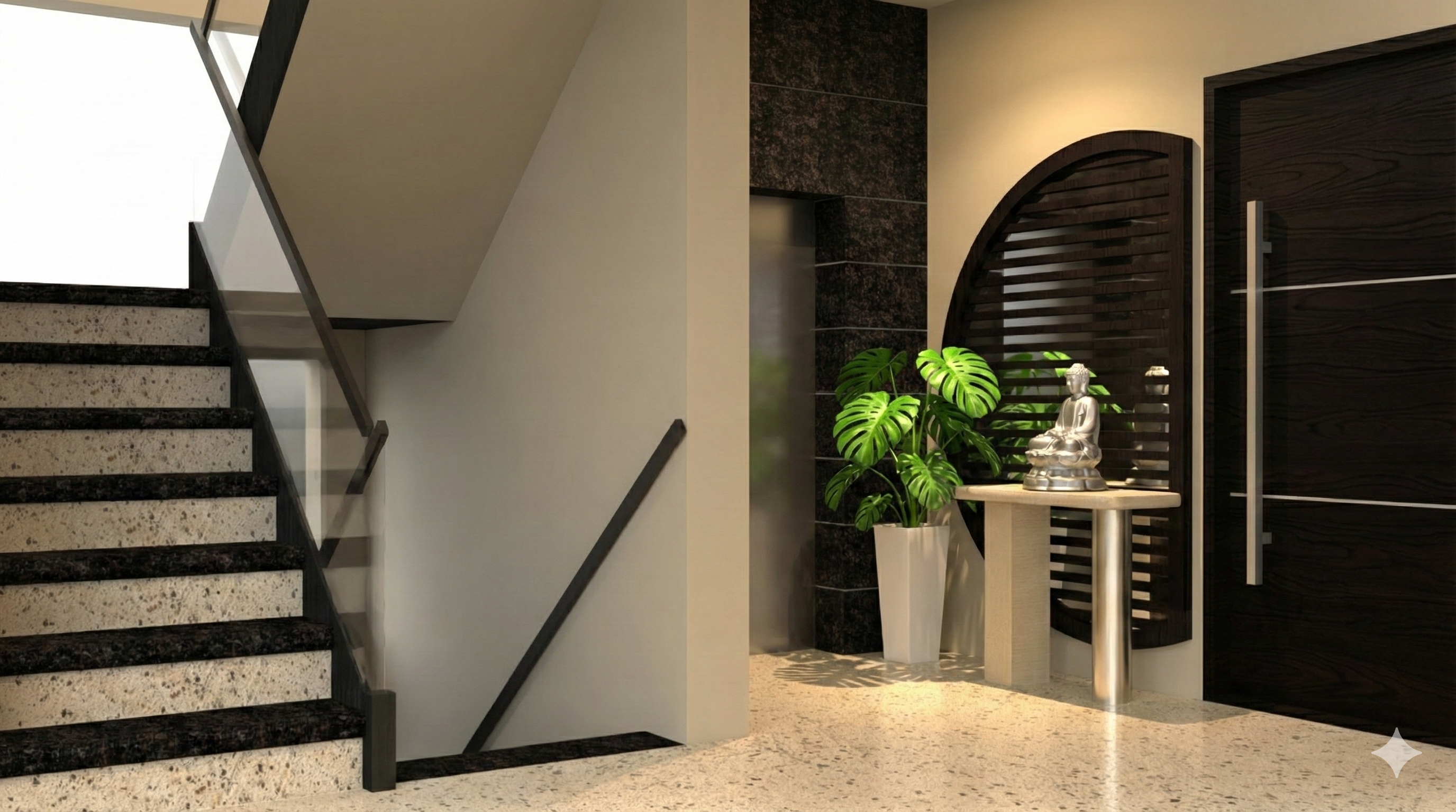 Entryway / lobby render - staircase, marble console and arched screen by the front door