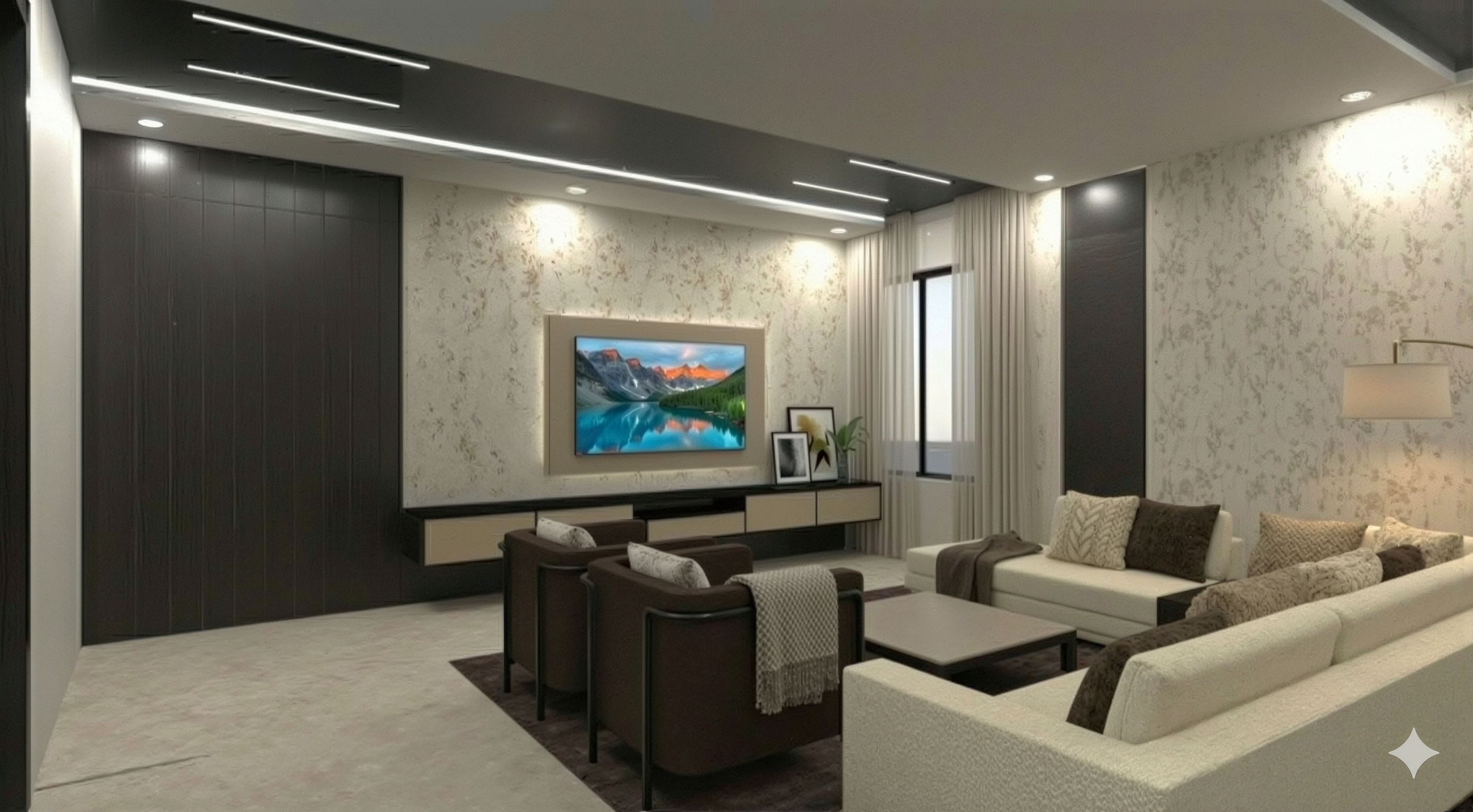 The House - living room render with floral feature wall, recessed TV and sofa set